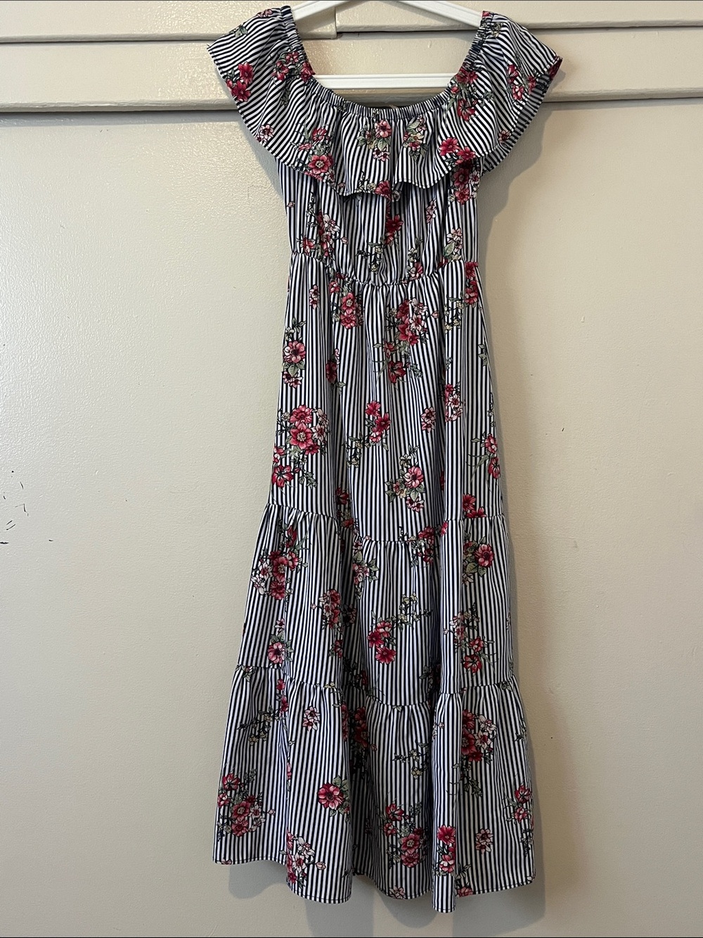 Soprano Striped Navy & White Dress with Pink Floral Print